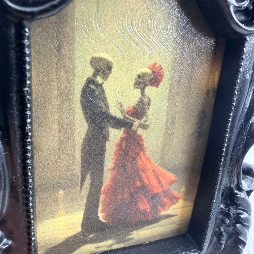 Gothic Skeleton Couple Dancing Art Print in Ornate Black Resin Frame